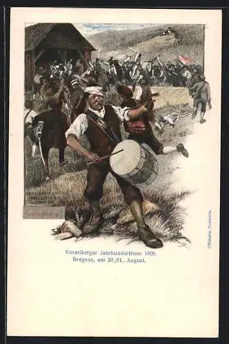 Künstler-AK Bregenz, Vorarlberger Jahrhundertfeier 1909, verwundeter Trommler, Ganzsache 5 Heller