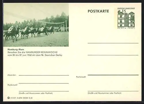 AK Hamburg-Horn, Hamburger Rennwoche 1965, Start zum Rennen, Ganzsache