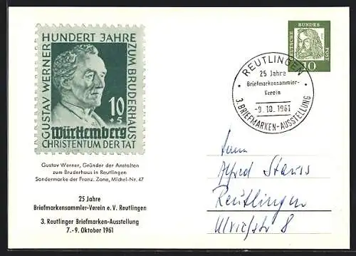 AK Reutlingen, 3. Briefmarken-Ausstellung 1961, Sondermarke Gustav Werner, Ganzsache