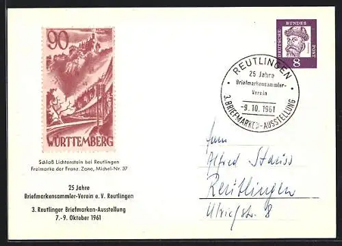 AK Reutlingen, 3. Briefmarken-Ausstellung 1961, Briefmarke mit Schloss Lichtenstein, Ganzsache