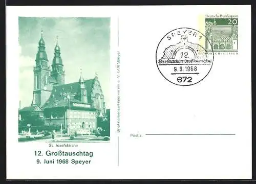 AK Speyer, 12. Grosstauschtag 1968, St. Josefskirche, Ganzsache