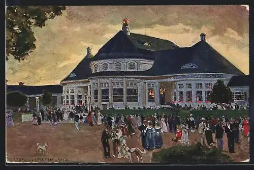 Künstler-AK München, Ausstellung 1908, Restaurant, Ganzsache Bayern