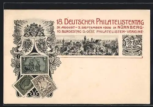 AK Nürnberg, 18. Deutsche Philatelistentag 1906, Ortsansicht, Ganzsache Bayern 5 Pfennig