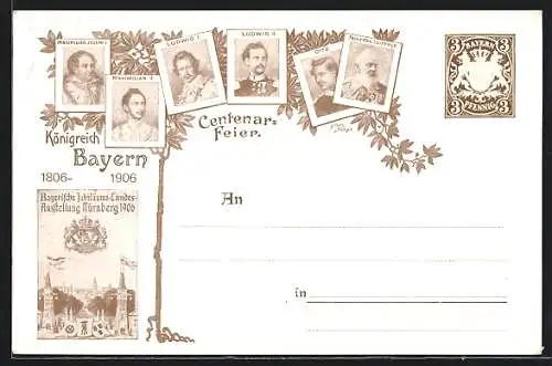 AK Nürnberg, Bayerische Jubiläums-Landes-Ausstellung 1906, Otto I., Maximilian II., Ganzsache Bayern 3 Pfennig