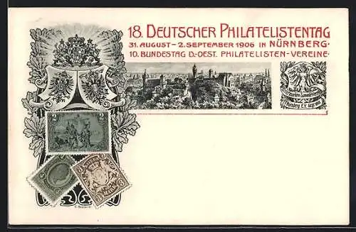 AK Nürnberg, 18. Deutsche Philatelistentag 1906, Briefmarken, Ganzsache Bayern 3 Pfennig