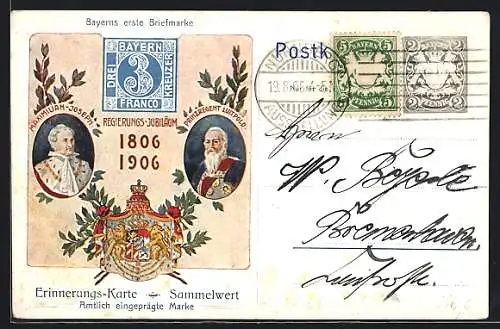 AK Regierungs-Jubiläum Prinzregent Luitpold 1906, Ganzsache Bayern 2 Pfennig