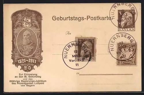 AK Prinzregent Luitpold, 90. Geburtstag 1911, Ganzsache Bayern 3 Pfennig