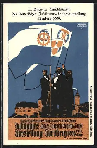 Künstler-AK Nürnberg, Jubiläums-Landesausstellung 1906, Fahnen, Weissgerber, Ganzsache Bayern