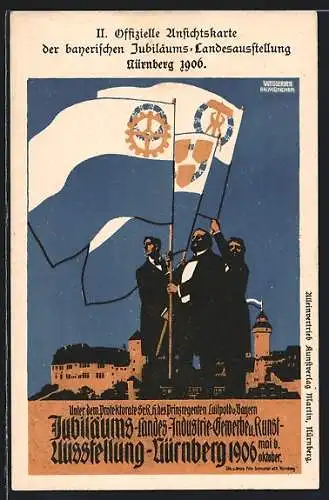 Künstler-AK Nürnberg, Jubiläums-Landesausstellung 1906, Fahnen, Weissgerber, Ganzsache Bayern 5 Pfennig