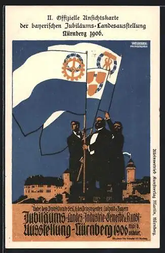 Künstler-AK Nürnberg, Jubiläums-Landesausstellung 1906, Fahnen, Weissgerber, Ganzsache Bayern 5 Pfennig