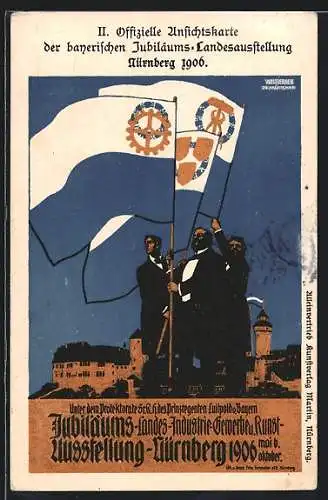 AK Nürnberg, Jubiläums-Landesausstellung 1906, Fahnen, Weissgerber, Ganzsache Bayern 5 Pfennig