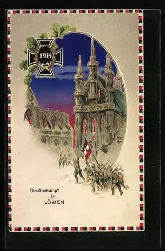 Künstler-AK Löwen, Strassenkampf in der Stadt, Propaganda 1. Weltkrieg, Halt gegen das Licht