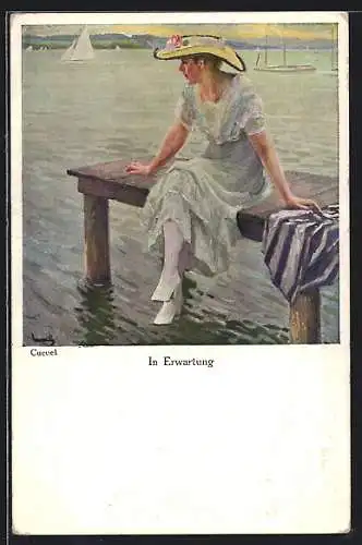 Künstler-AK Edward Cucuel: In Erwartung, Dame am Steg