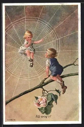 AK Mädchen sitzt in einem Spinnennetz