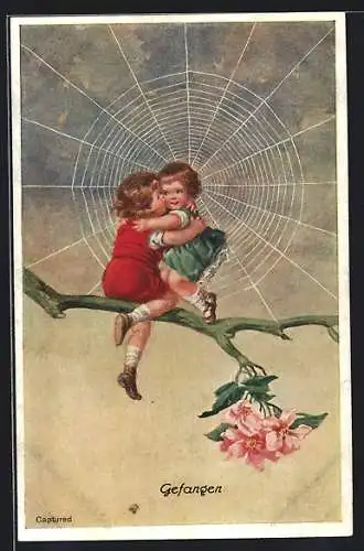 AK Zwei Kinder auf Ast vor einem Spinnennetz