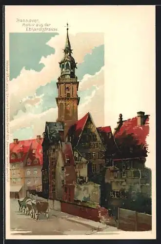 Künstler-AK Otto Hammel: Hannover, Motiv aus der Ebhardtstrassee mit Kirchturm und Pferdekutsche