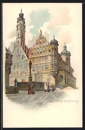 Künstler-Lithographie Otto Hammel: Rothenburg / Tauber, Rathaus mit Brunnen