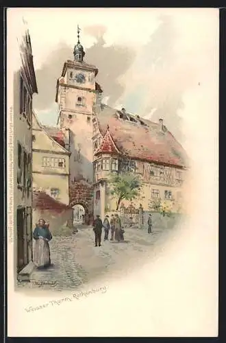 Künstler-Lithographie Otto Hammel: Rothenburg / Tauber, Weisser Turm mit Passanten