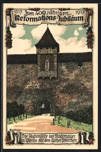 Künstler-AK Kallista: Die Aussenseite der Stadtmauer in Worms mit dem Luther-Pförtchen