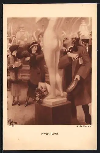 Künstler-AK Albert Guillaume: Pygmalion, Mann betrachtet eine nackte Frau auf einem Podest