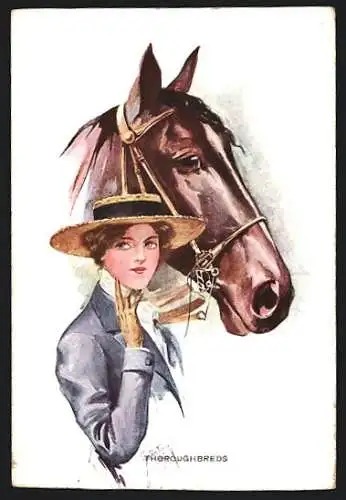 Künstler-AK Court Barber: Thoroughbreds, Reiterin mit Pferd