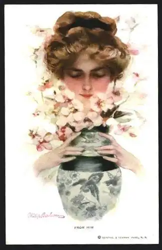 Künstler-AK Philip Boileau: Junge Frau schnuppert an den Blumen in der Vase From Him