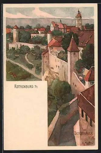 Künstler-Lithographie Karl Mutter: Rothenburg / Tauber, Partie an der Stadtmauer
