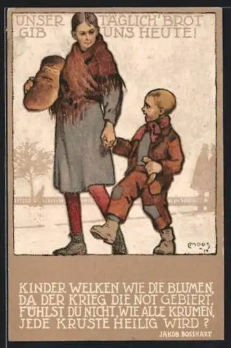 Künstler-AK Carl Moos: Zürich, Kriegsnotunterstützung, Mädchen holt mit ihrem kleinen Bruder Brot