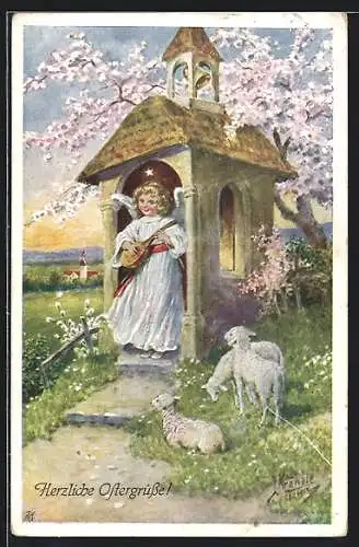 Künstler-AK Kränzle: Osterengel musiziert in einer kleiner Gebetskapelle, Schafe auf der Wiese