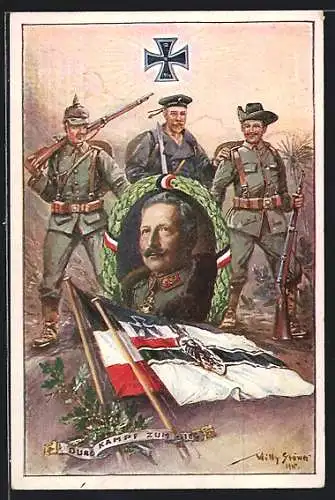 Künstler-AK Stoewer: Deutsche Kolonie, Porträt Kaiser Wilhelm, Soldaten in der Kolonie, Reichskriegsfahne