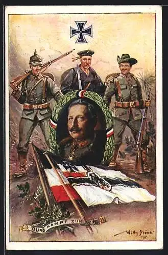 Künstler-AK Stoewer: Deutsche Kolonie, Porträt Kaiser Wilhelm, Soldaten in der Kolonie, Reichskriegsfahne