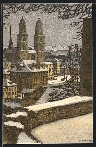 Künstler-AK Ernst E. Schlatter: Zürich, Blick zum Grossmünster