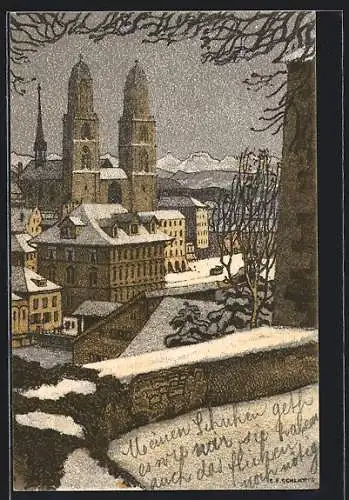 Künstler-AK Ernst E. Schlatter: Zürich, Blick zum Grossmünster