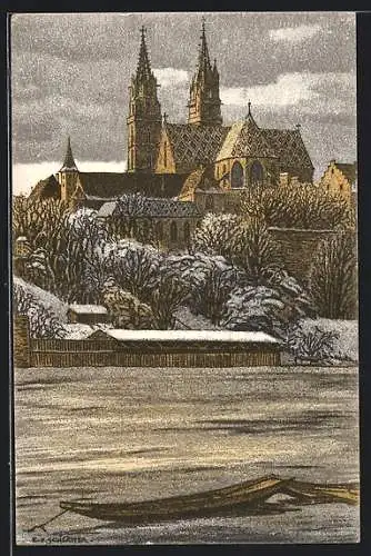 Künstler-AK Ernst E. Schlatter: Basel, Münster verschneiter Winterlandschaft