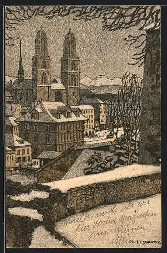 Künstler-AK Ernst E. Schlatter: Zürich, Blick zum Grossmünster