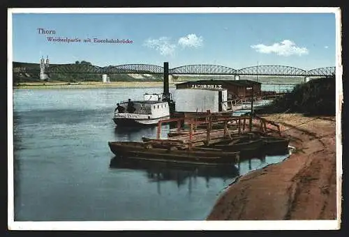 AK Thorn, Weichselpartie mit Eisenbahnbrücke