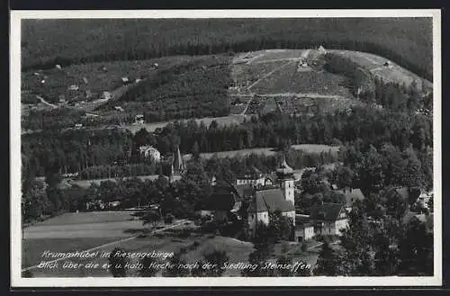 AK Krummhübel, Katholische Kirche und Siedlung Steinseiffen aus der Vogelschau