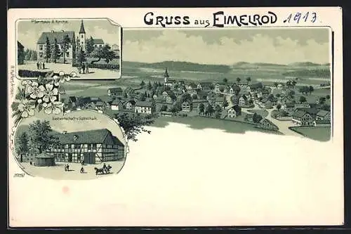 Lithographie Eimelrod, Gasthaus von Gottschalk, Pfarrhaus und Kirche