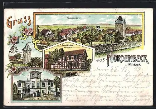 Lithographie Nordenbeck in Waldeck, Geschäftshaus Heinrich Heine, Alte Burg, Gut