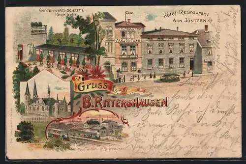 Lithographie Barmen-Rittershausen, Hotel-Restaurant Arn. Jöntgen, Central-Bahnhof