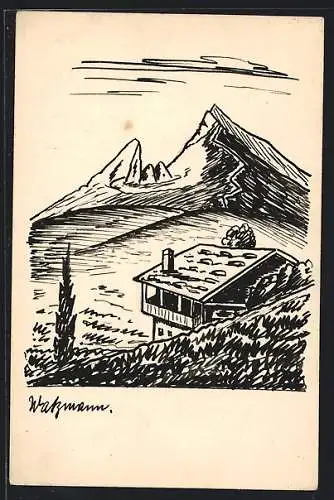 Künstler-AK Handgemalt: Berchtesgaden, Haus mit Alpenpanorama