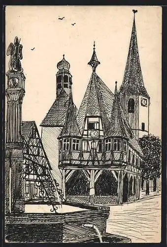 Künstler-AK Handgemalt: Michelstadt, Rathaus mit Brunnen