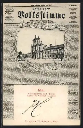 AK Metz, Vincenzkirche und Liceum, Lothringer Volksstimme