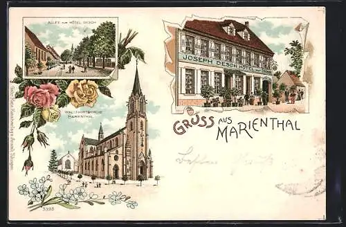 Lithographie Marienthal, Hotel zur Sonne J. Desch, Allee, Wallfahrtskirche