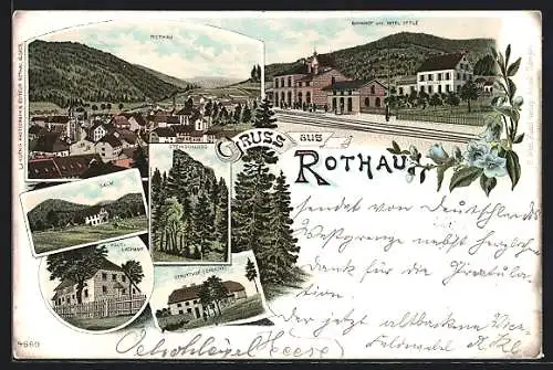 Lithographie Rothau, Bahnhof und Hotel Ottlé, Haut-Lachamp, Strutthof, Ortsansicht