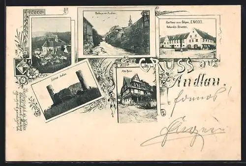 AK Andlau, Gasthaus zum Ochsen E. Naegel mit Brunnen, Flusspartie, Teilansicht