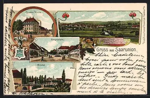 Lithographie Saarunion, Quadre-Vents, Brücke, Hauptplatz, Gesamtansicht