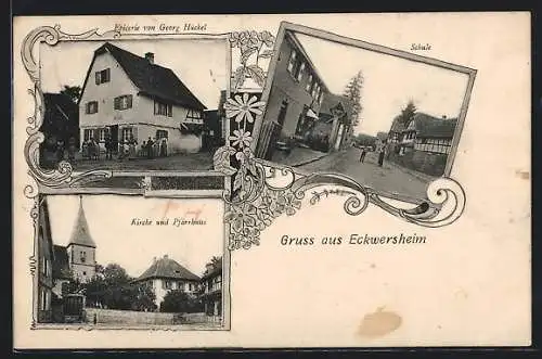 AK Eckwersheim, Kirche & Pfarrhaus, Schule, Epicerie von Georg Hückel