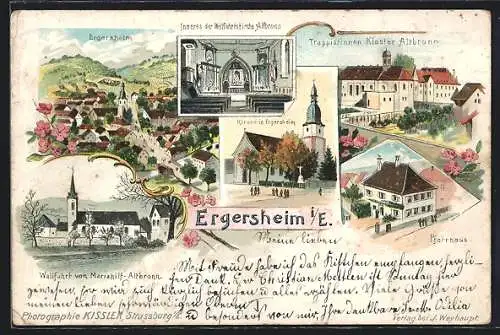 Lithographie Ergersheim, Trapistinnen-Kloster Altbronn, Kirche, Pfarrhaus