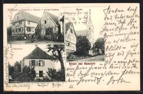 AK Gunstett, Gasthaus und Schmiede zum Schwan J. Stephan, Pfarrhaus, Kirche